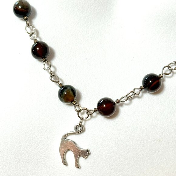 Genuine Dark Brown Agate Necklace, Natural Gemstone & Cute Slim Cat Pendant - Picture 1 of 15